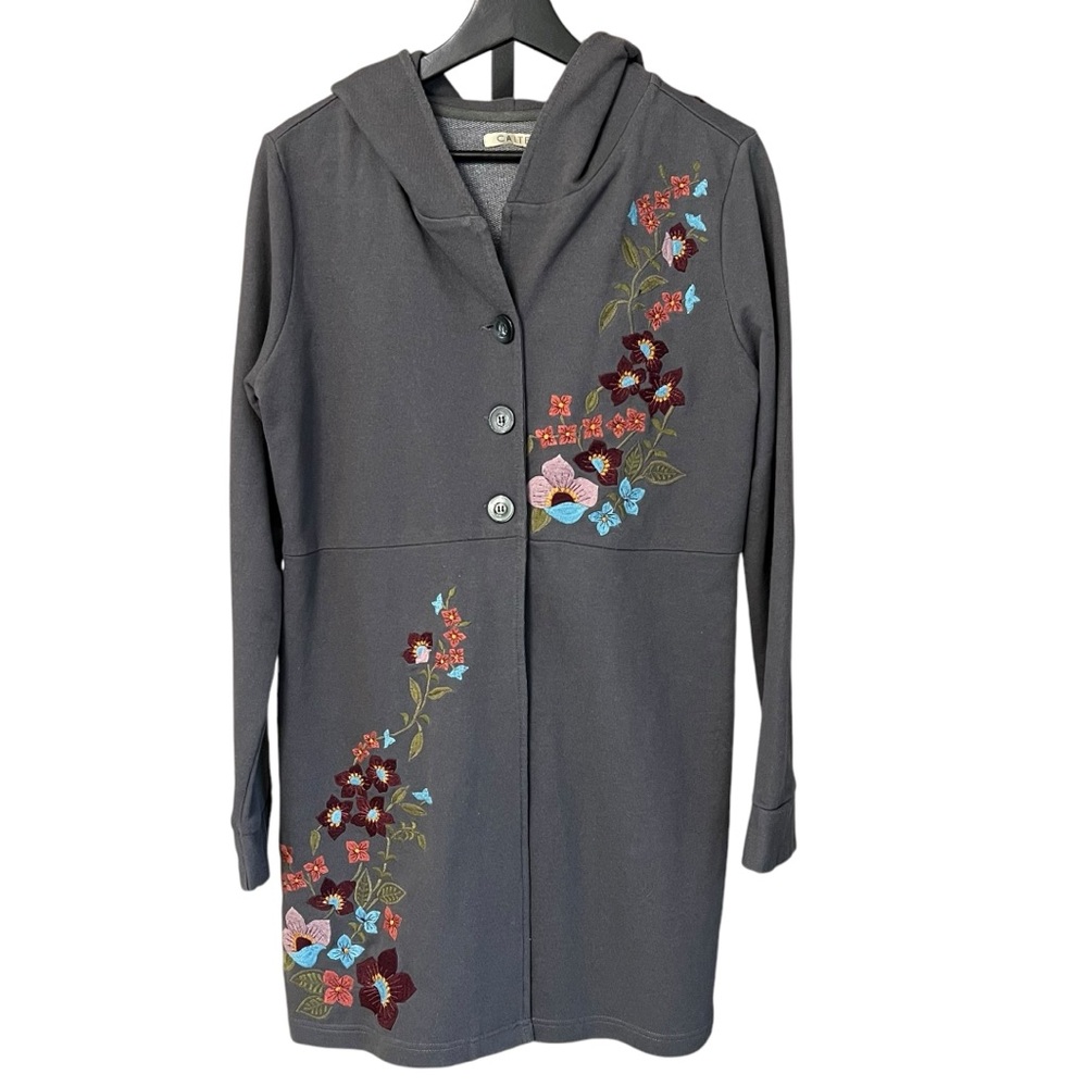 Caite Boho Floral Embroidered Longline Button Front Hooded Jacket Grey Large